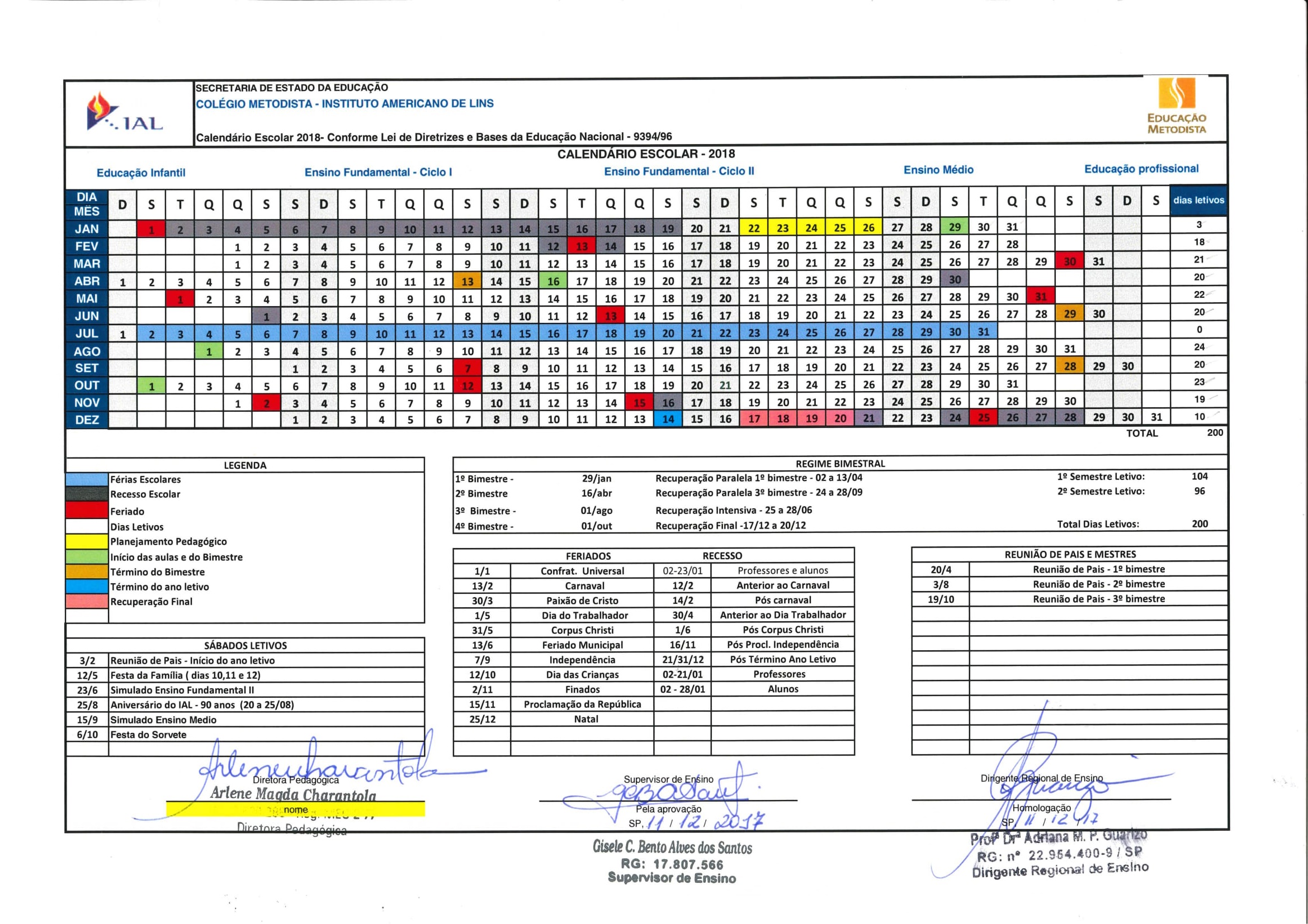 Calendário Escolar 2018