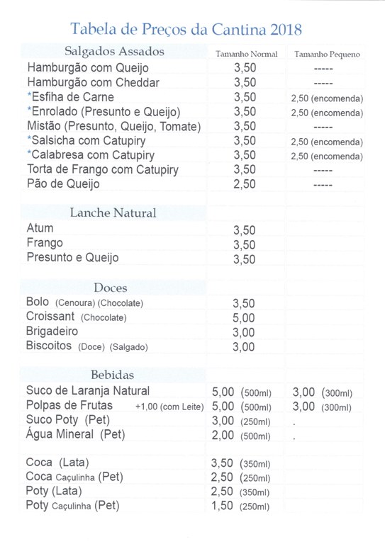 Tabela de Preços - Cantina